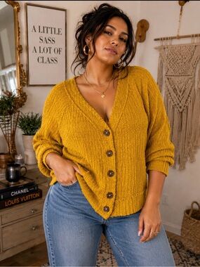 Two by Vince Camuto Mustard Yellow Textured Knit Button Cardigan